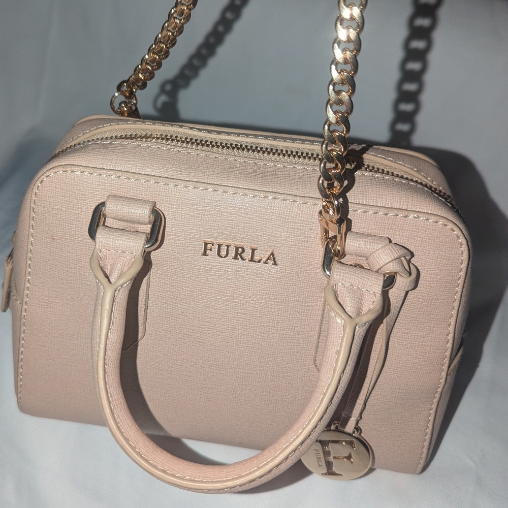 Furla Mini Ellena Neutral Saffiano Leather Satchel with Gold Accents - Picture 4 of 13